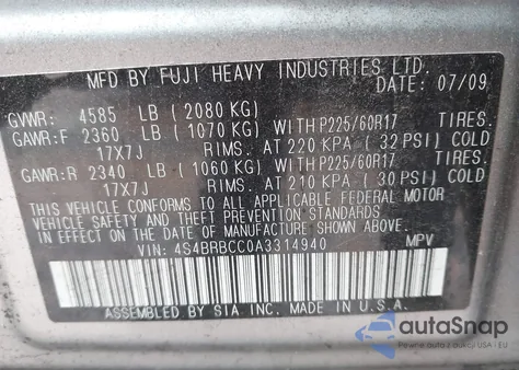 2010 Subaru Outback 2.5I Premium z USA, uszkodzony, nr VIN 4S4BRBCC0A3314940